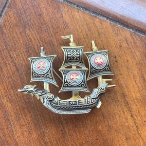 Vintage Damascene Galleon Ship Brooch 1960’s